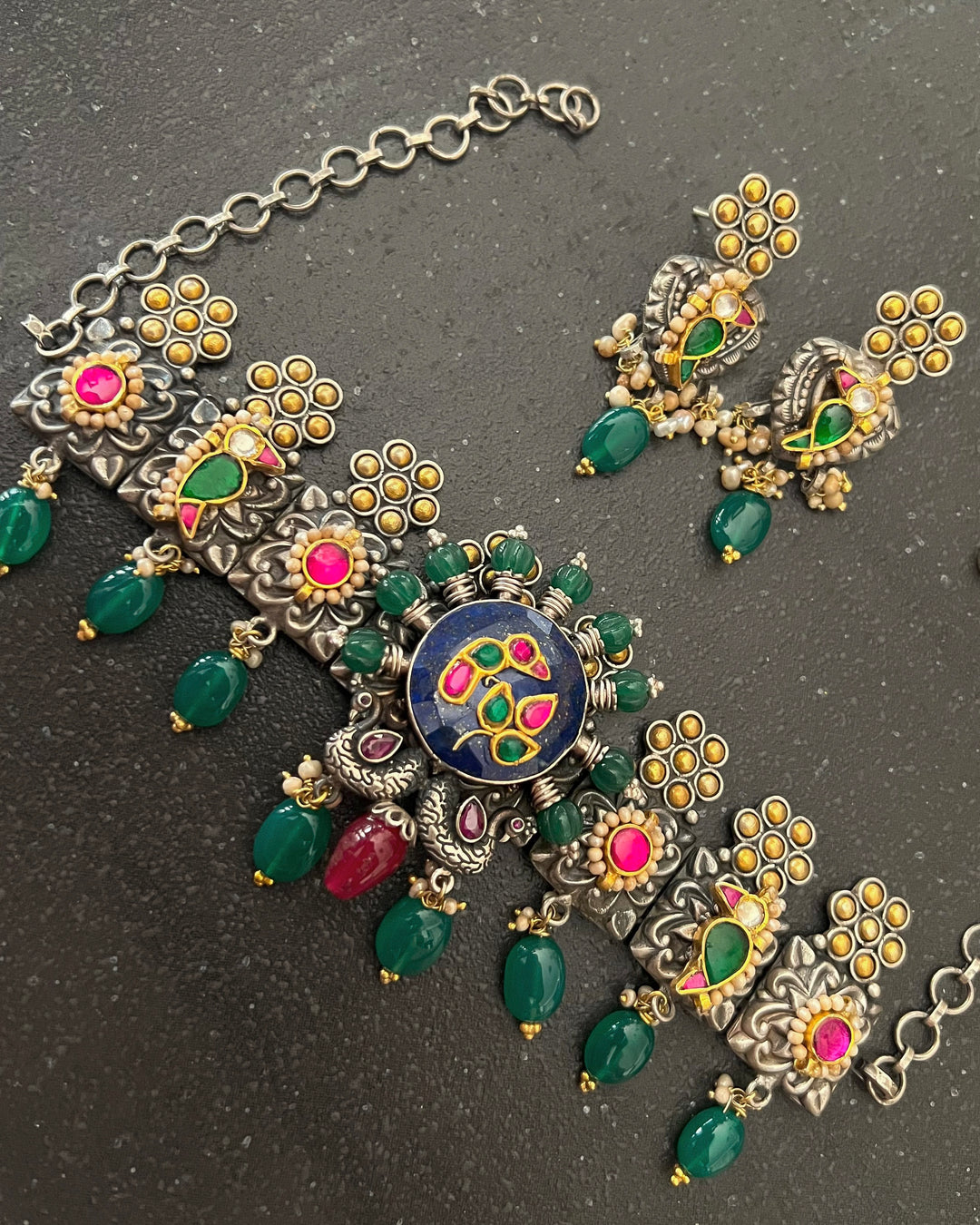 Handmade 925 Silver Fusion Gemstone Kundan Choker Set | Dual Tone | SHIVKA