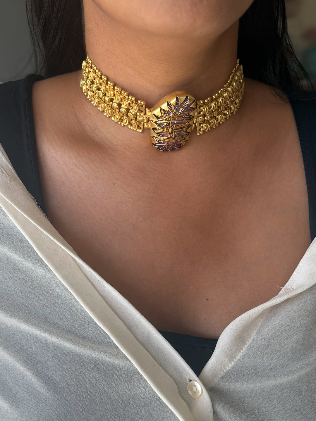 Handmade Bold Natural Stone Statement Choker | Brass Adjustable Lobster Claw Jewelry