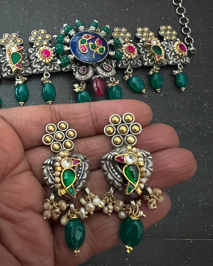 Handmade 925 Silver Fusion Gemstone Kundan Choker Set | Dual Tone | SHIVKA