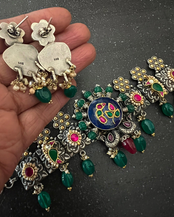 Handmade 925 Silver Fusion Gemstone Kundan Choker Set | Dual Tone | SHIVKA