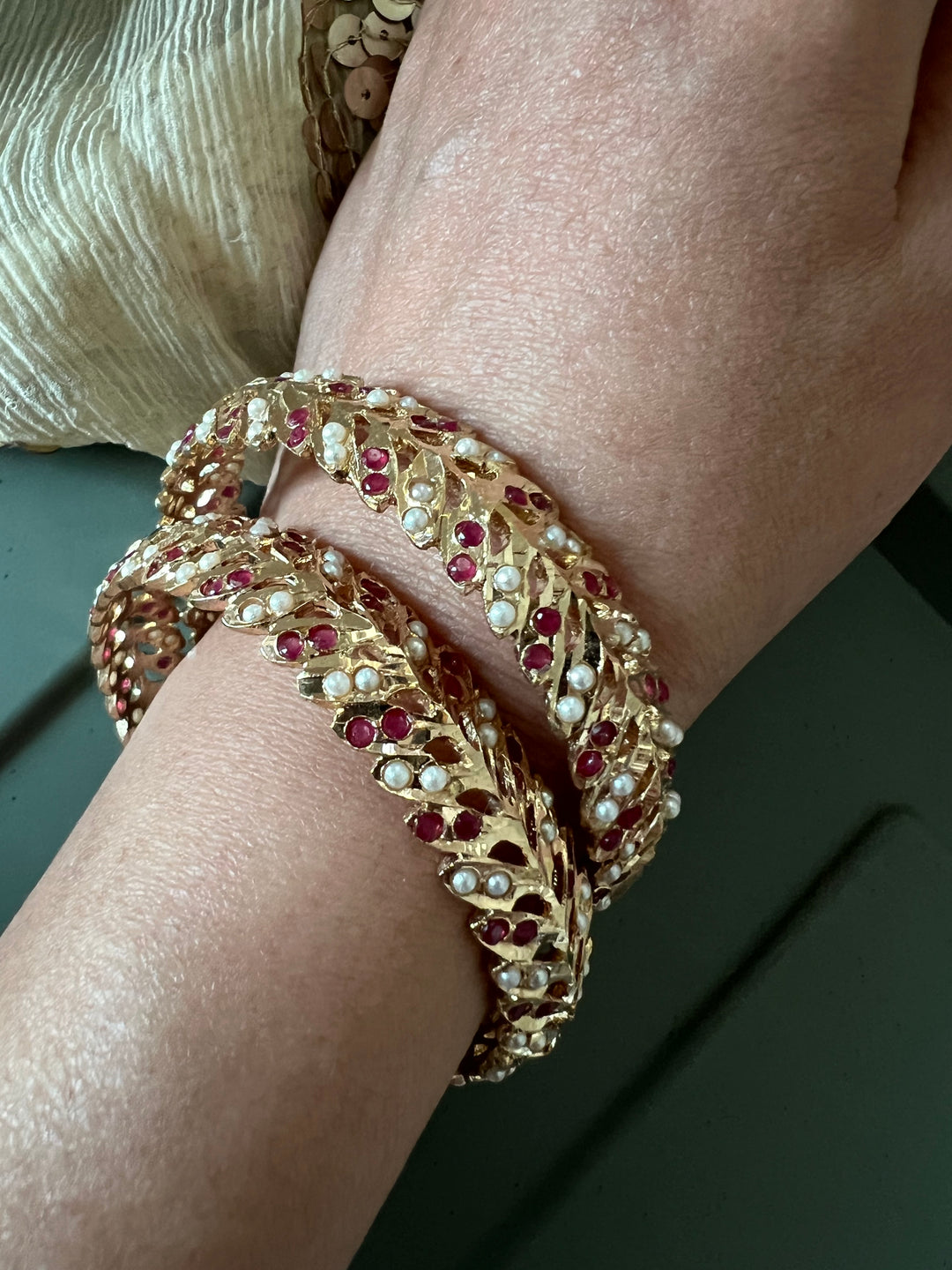 Statement Jadau Bangle Set | 18k Gold Plated | Copper & Semi-Precious Stones