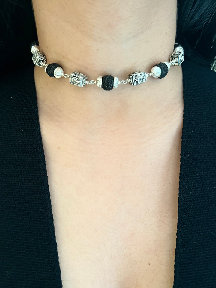 925 Silver Temple Rudraksh Choker | Premium Adjustable Dori Spiritual Necklace by SHIVKA
