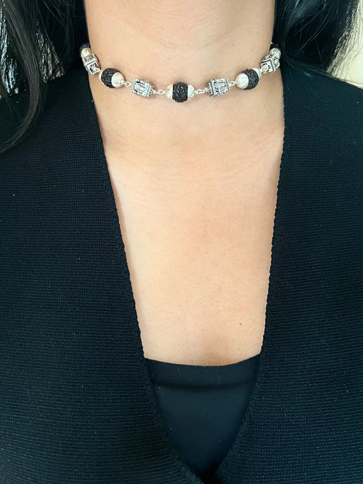 925 Silver Temple Rudraksh Choker | Premium Adjustable Dori Spiritual Necklace by SHIVKA