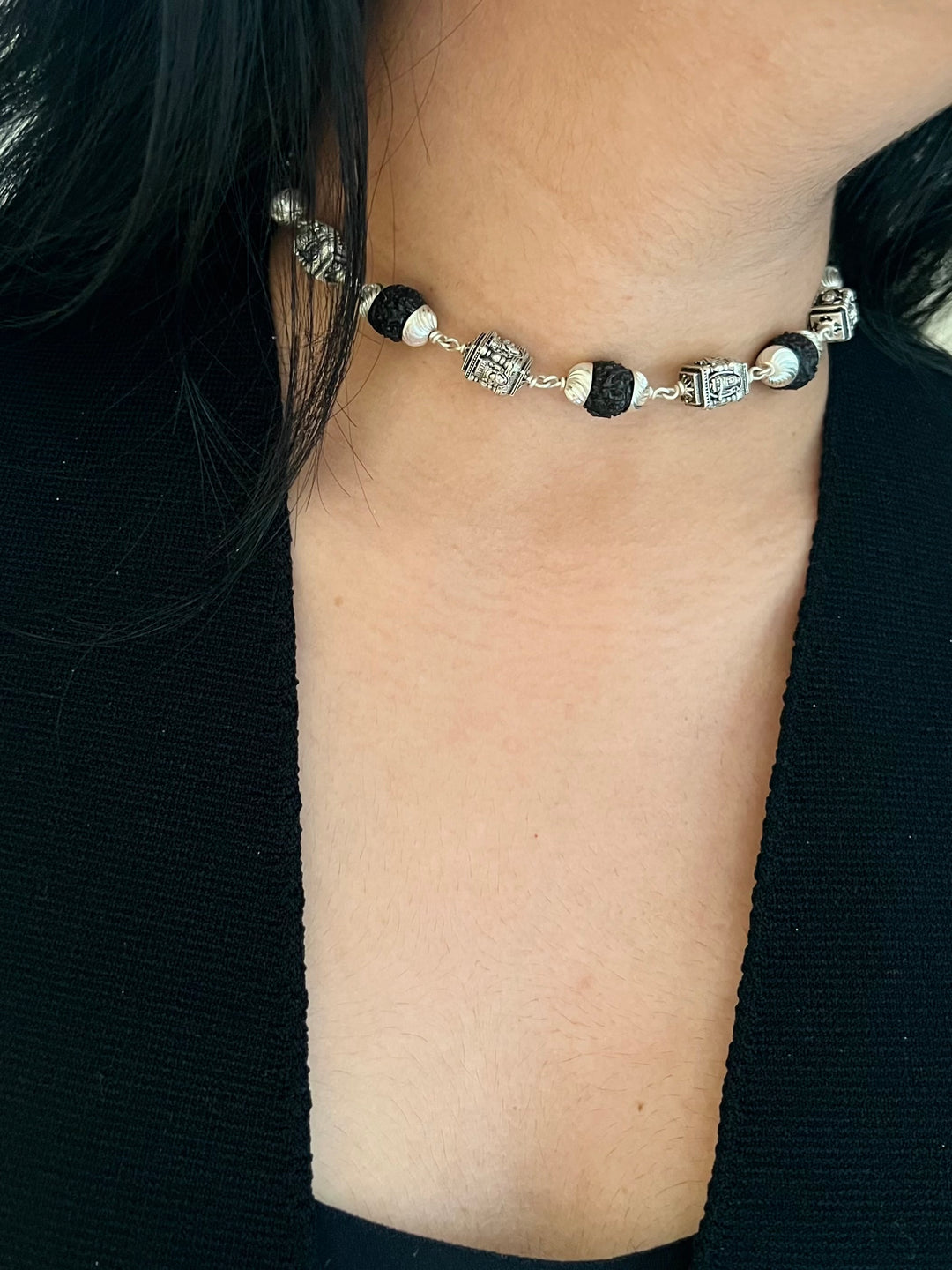 925 Silver Temple Rudraksh Choker | Premium Adjustable Dori Spiritual Necklace by SHIVKA
