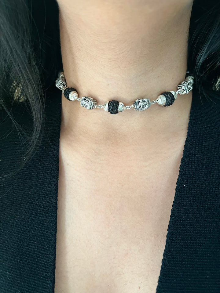 925 Silver Temple Rudraksh Choker | Premium Adjustable Dori Spiritual Necklace by SHIVKA