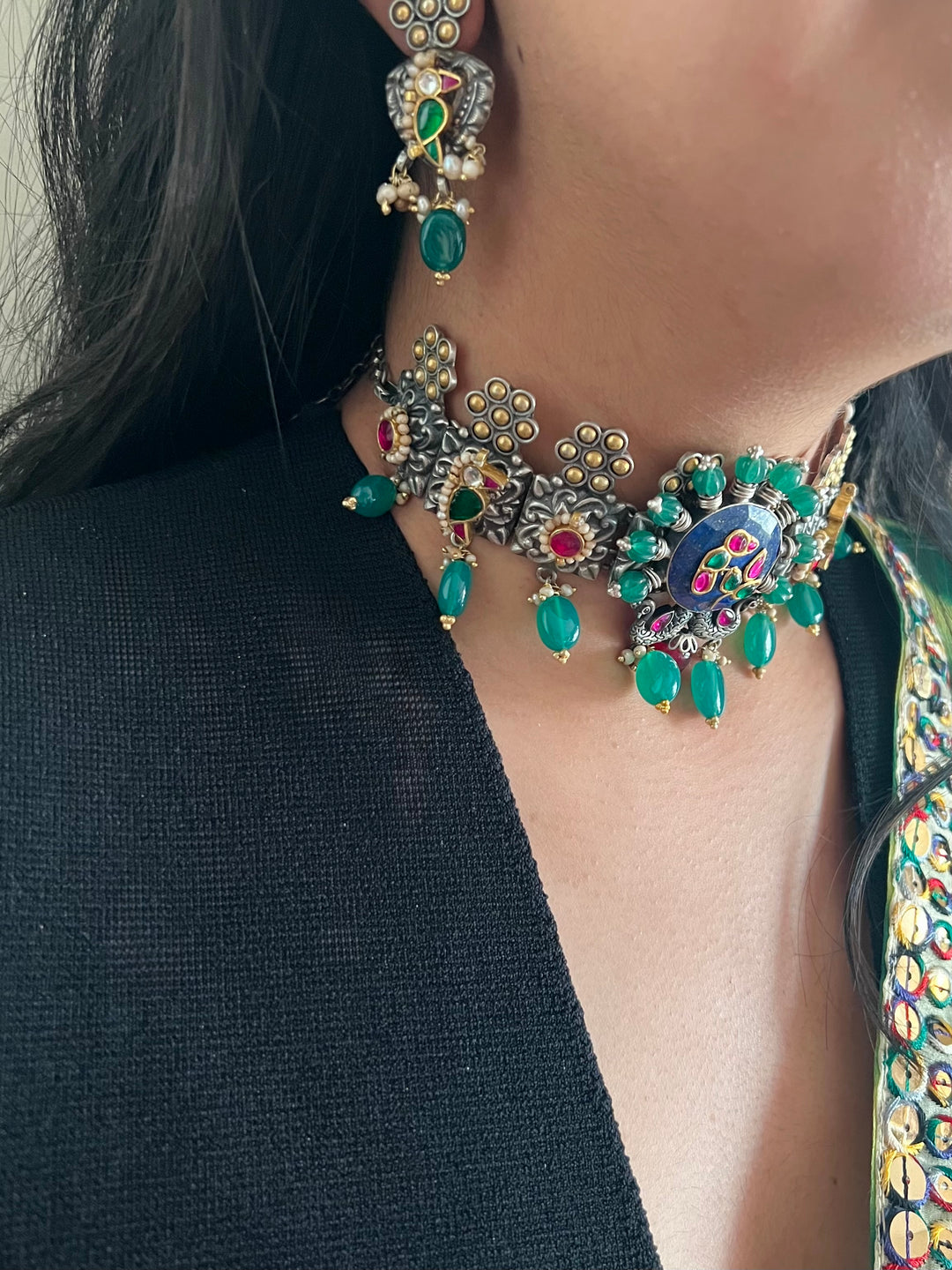 Handmade 925 Silver Fusion Gemstone Kundan Choker Set | Dual Tone | SHIVKA