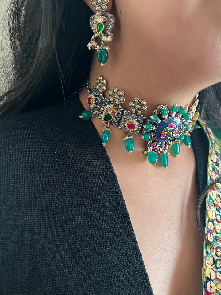 Handmade 925 Silver Fusion Gemstone Kundan Choker Set | Dual Tone | SHIVKA