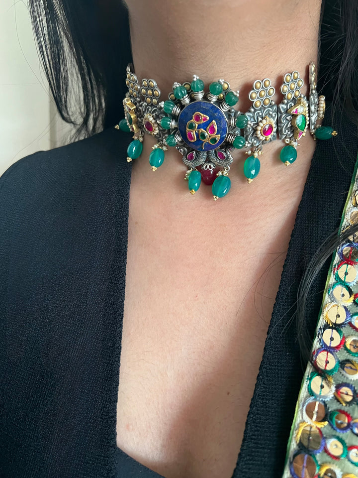 Handmade 925 Silver Fusion Gemstone Kundan Choker Set | Dual Tone | SHIVKA