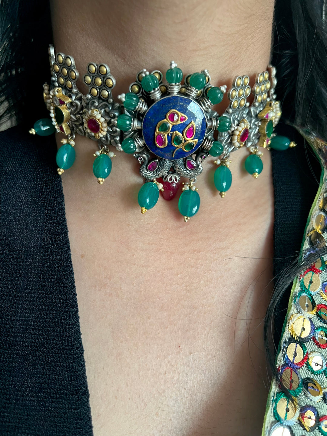 Handmade 925 Silver Fusion Gemstone Kundan Choker Set | Dual Tone | SHIVKA