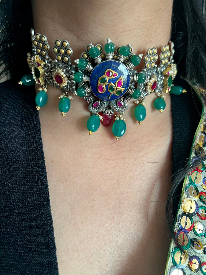 Handmade 925 Silver Fusion Gemstone Kundan Choker Set | Dual Tone | SHIVKA