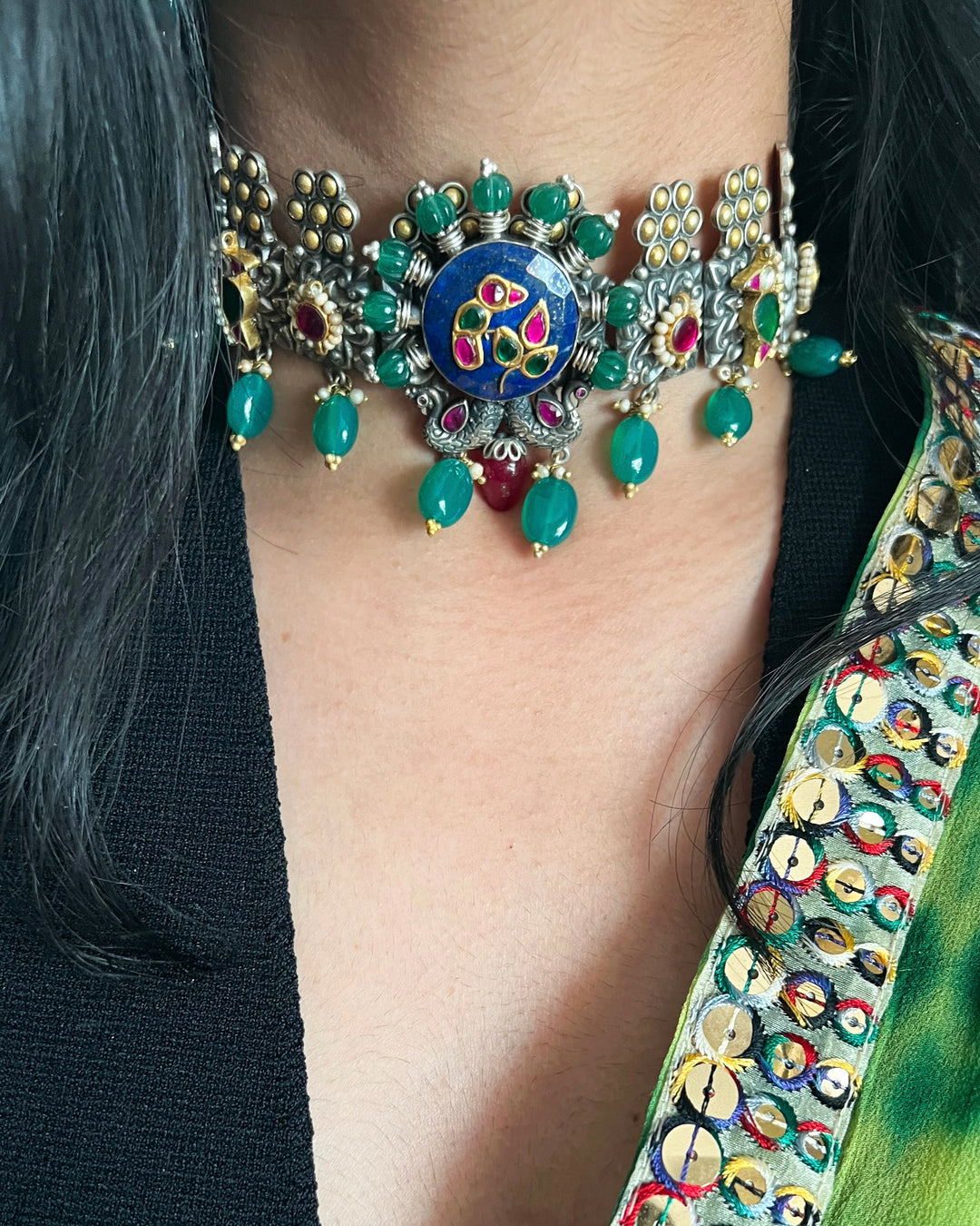 Handmade 925 Silver Fusion Gemstone Kundan Choker Set | Dual Tone | SHIVKA