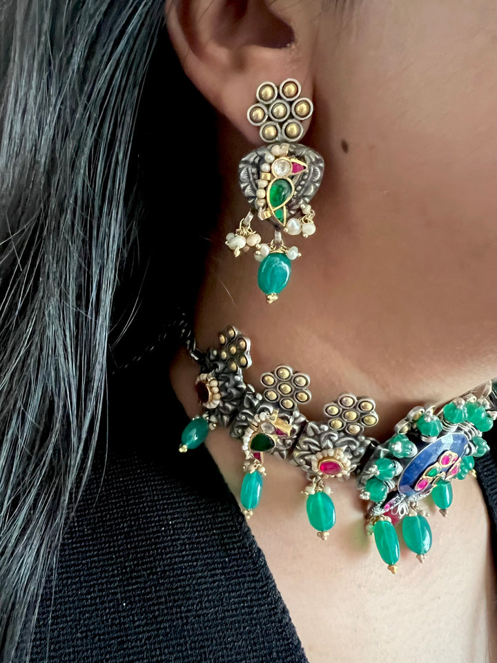 Handmade 925 Silver Fusion Gemstone Kundan Choker Set | Dual Tone | SHIVKA