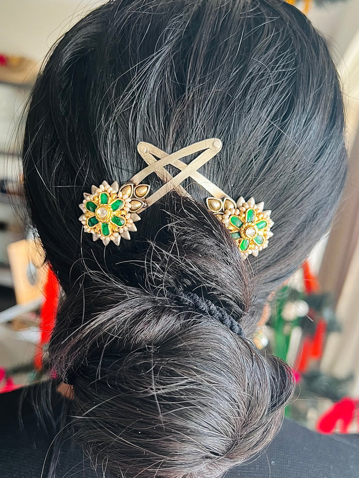 Handmade 925 Silver Kundan Hairpin Set | Premium Artisan Bridal Hair Accessories by SHIVKA