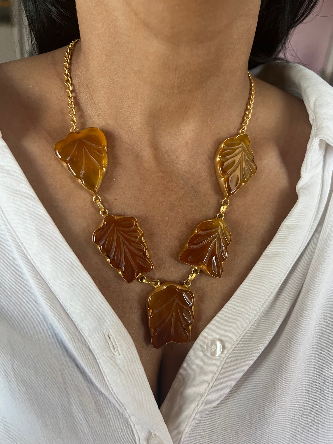 Carved Yellow Chalcedony Necklace with Danglers
