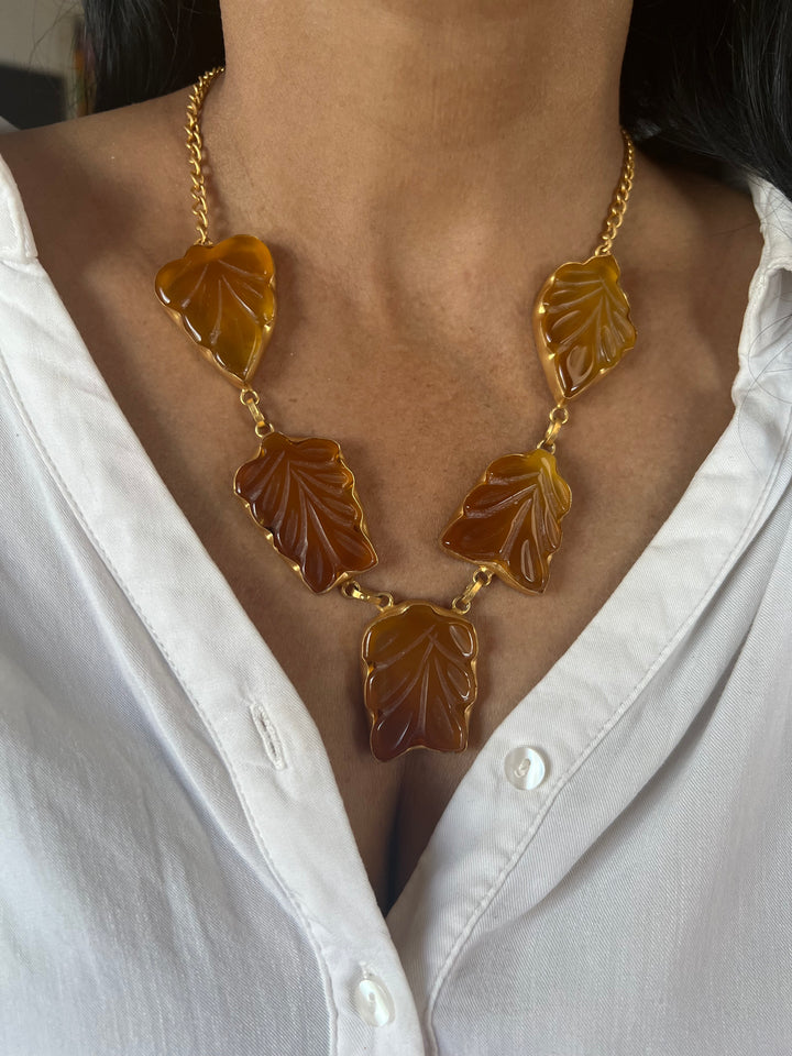 Carved Yellow Chalcedony Necklace with Danglers