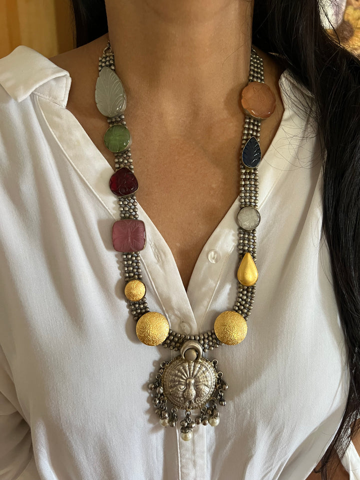 Vintage Artistic Long Necklace with Carved Stones
