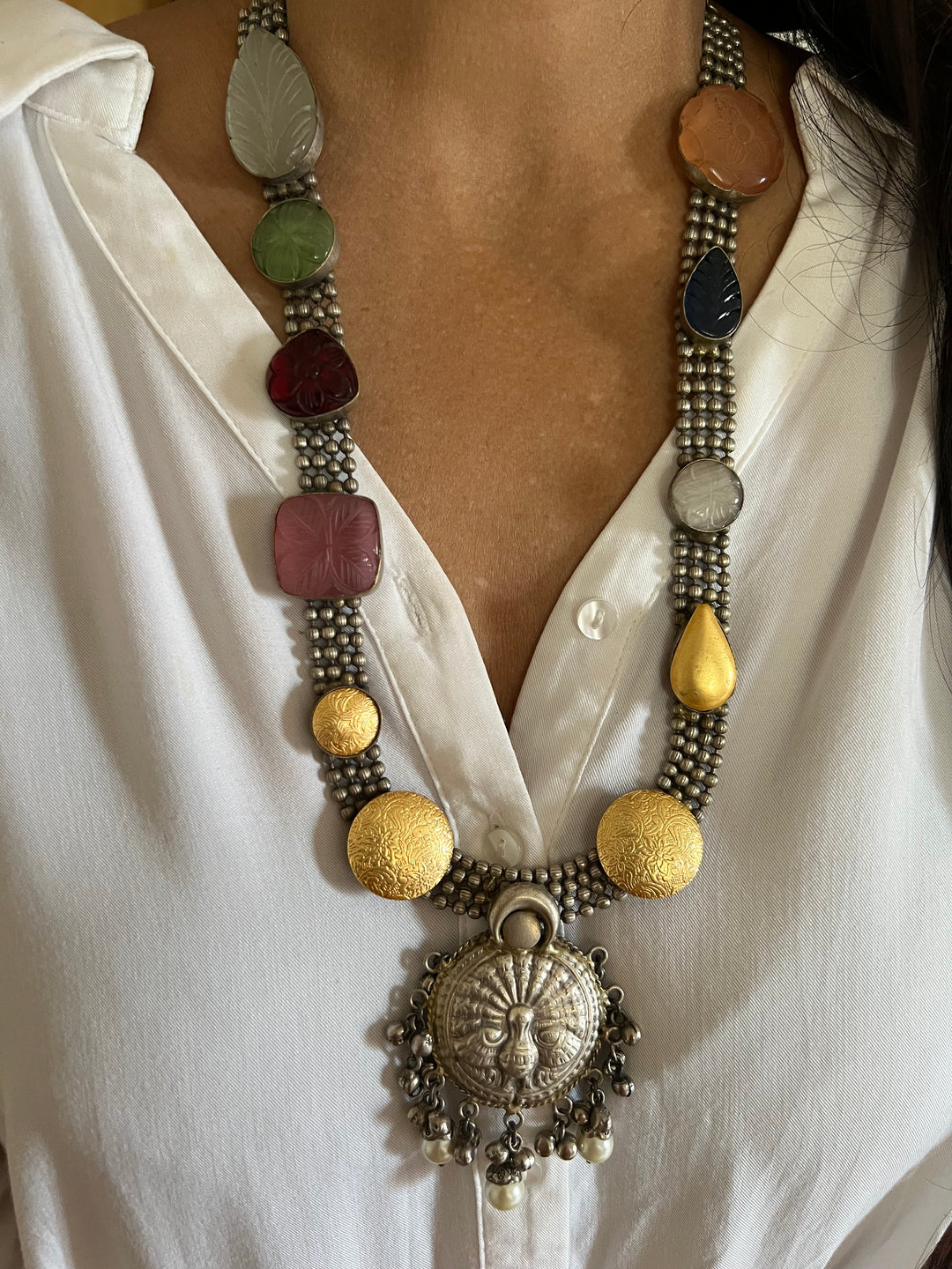 Vintage Artistic Long Necklace with Carved Stones