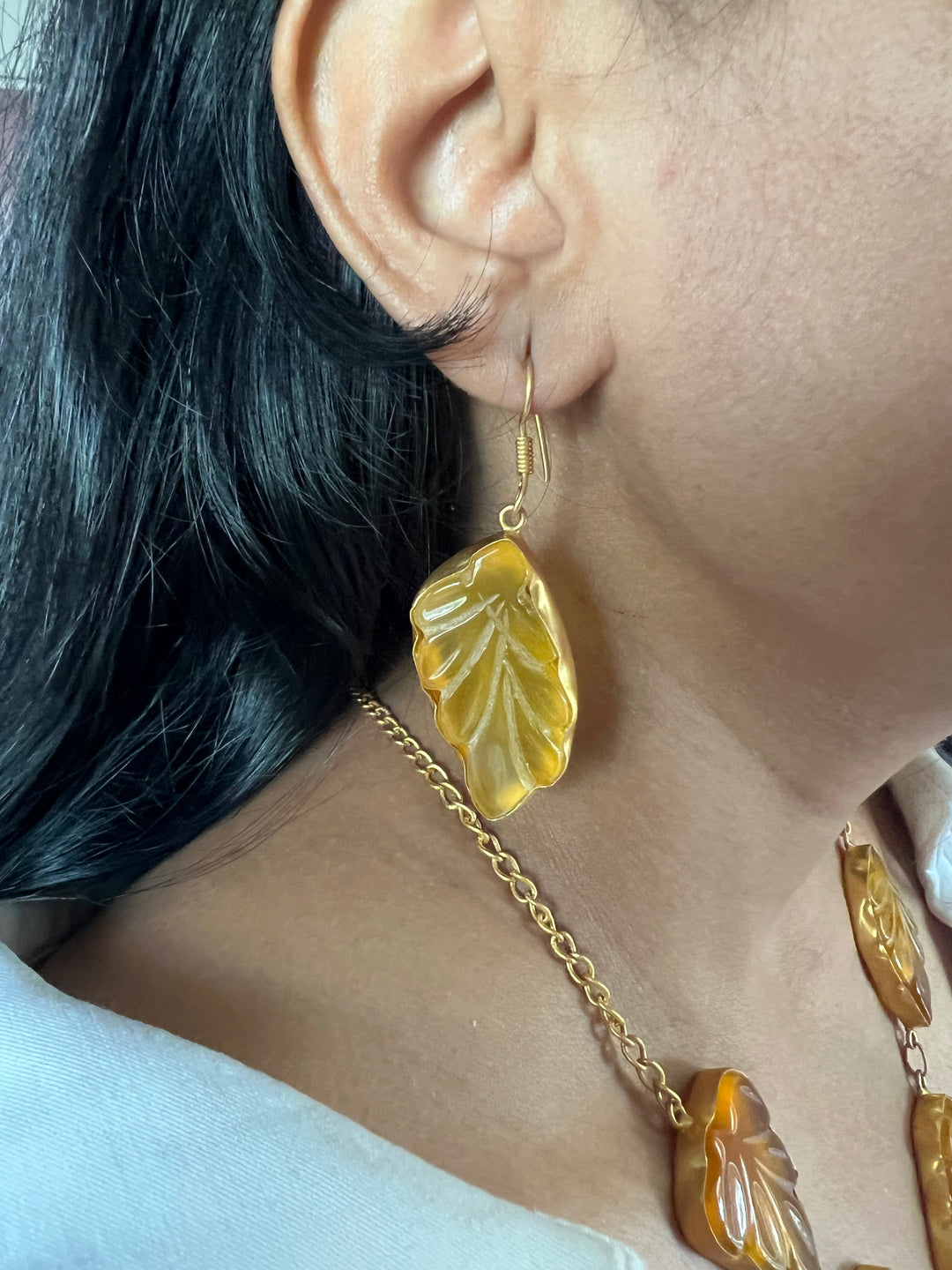 Carved Yellow Chalcedony Necklace with Danglers