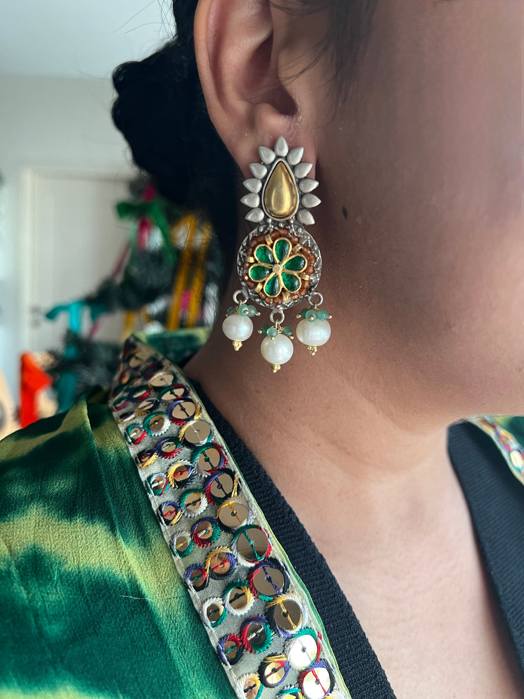 Wedding 925 Silver Kundan Earrings | SHIVKA | Dual-Tone Festive Elegance