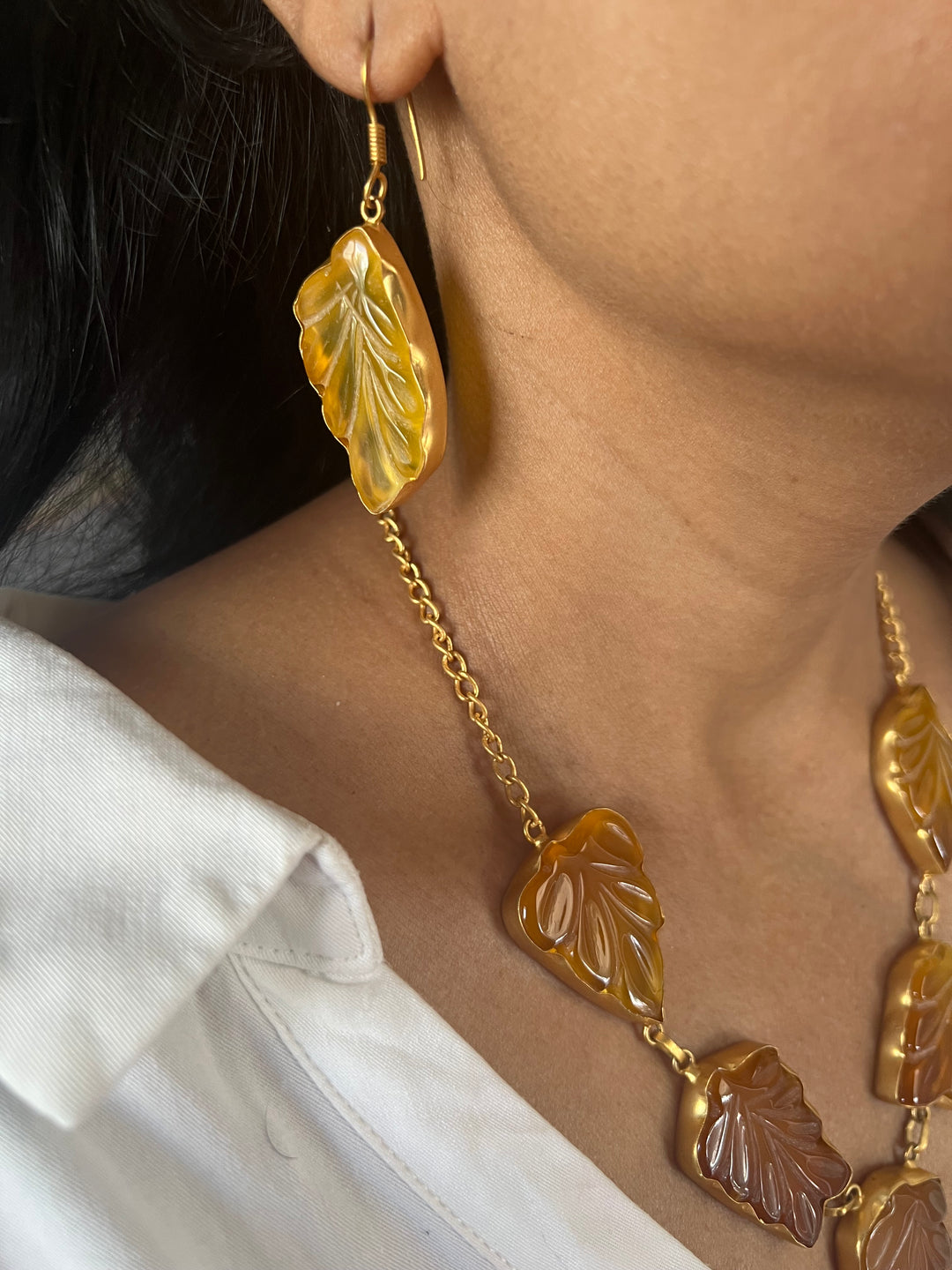 Carved Yellow Chalcedony Necklace with Danglers