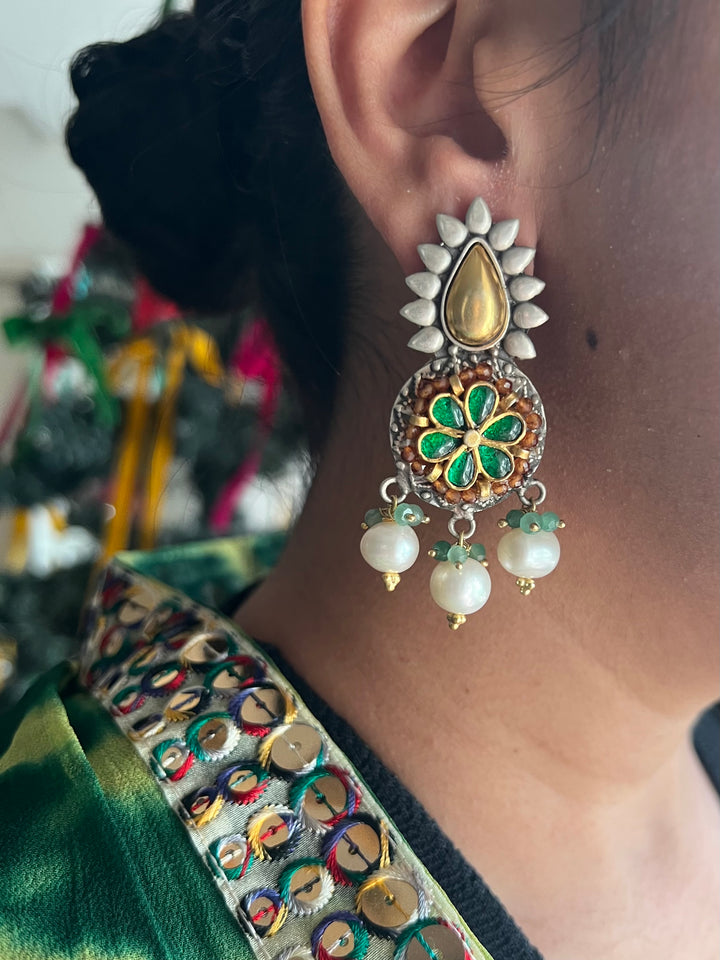 Wedding 925 Silver Kundan Earrings | SHIVKA | Dual-Tone Festive Elegance
