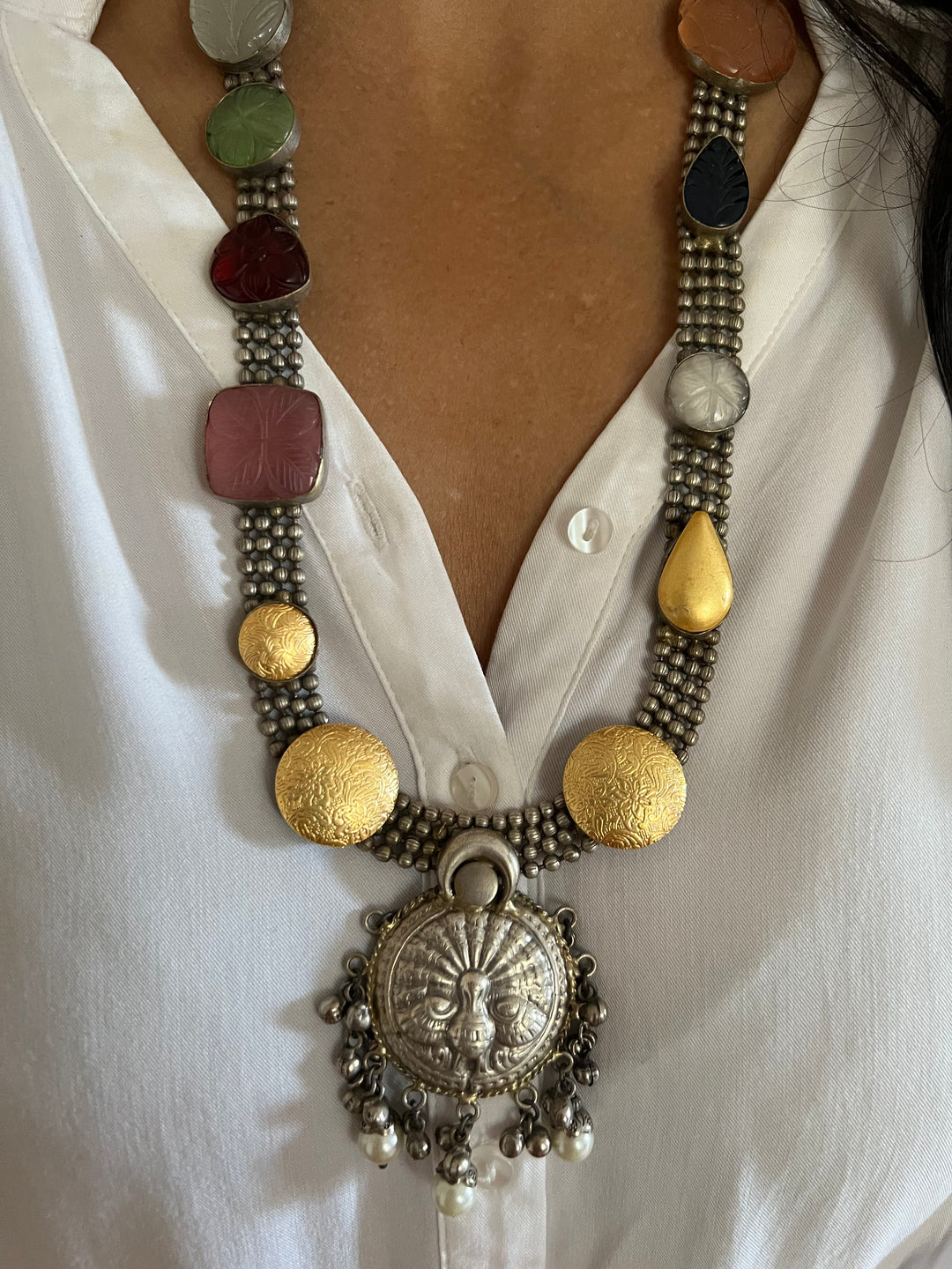 Vintage Artistic Long Necklace with Carved Stones