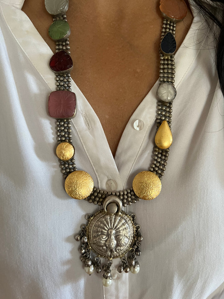 Vintage Artistic Long Necklace with Carved Stones