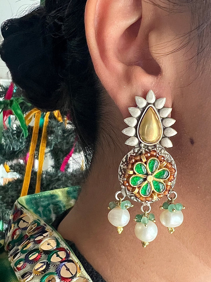 Wedding 925 Silver Kundan Earrings | SHIVKA | Dual-Tone Festive Elegance
