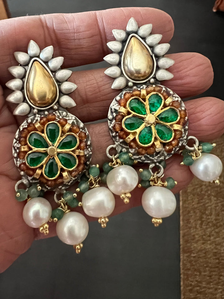 Wedding 925 Silver Kundan Earrings | SHIVKA | Dual-Tone Festive Elegance