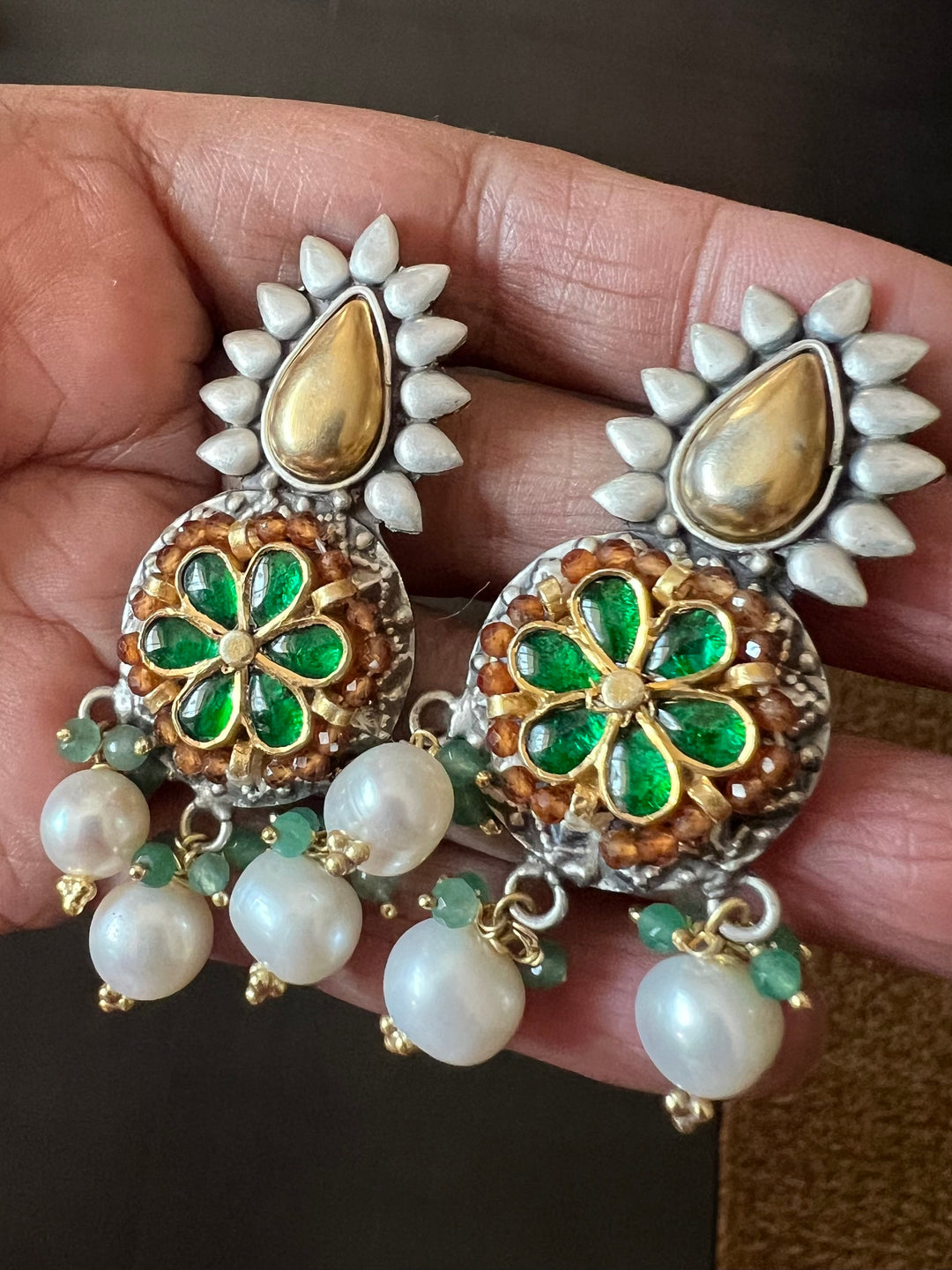 Wedding 925 Silver Kundan Earrings | SHIVKA | Dual-Tone Festive Elegance