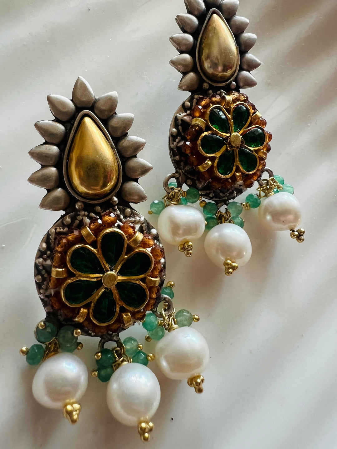 Wedding 925 Silver Kundan Earrings | SHIVKA | Dual-Tone Festive Elegance