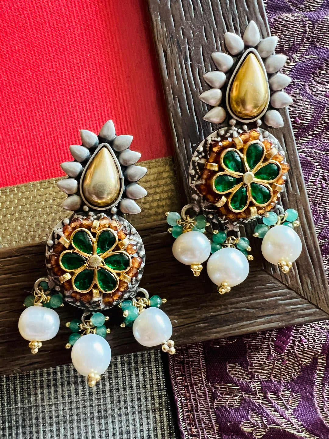 Wedding 925 Silver Kundan Earrings | SHIVKA | Dual-Tone Festive Elegance
