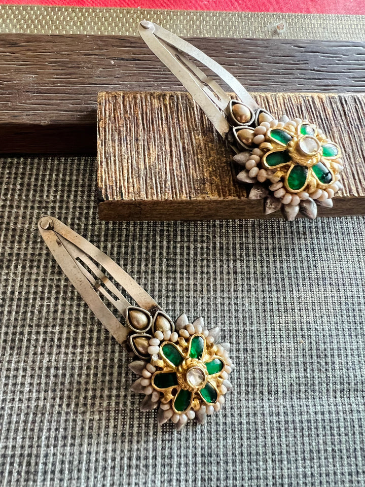 Handmade 925 Silver Kundan Hairpin Set | Premium Artisan Bridal Hair Accessories by SHIVKA