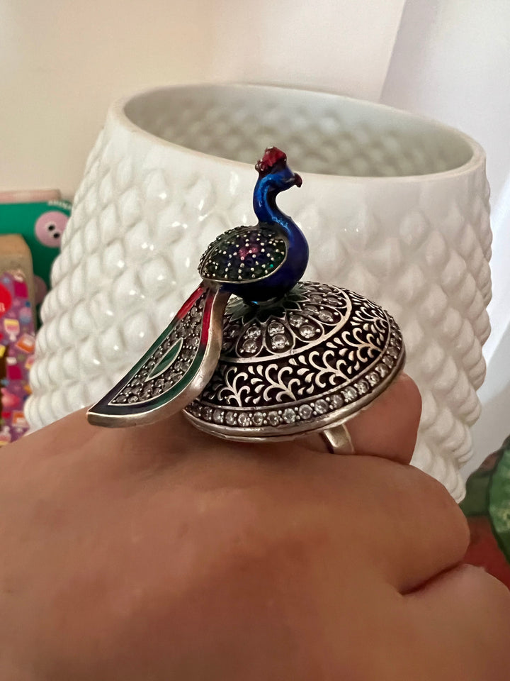 Statement Pure 925 Silver Peacock Ring