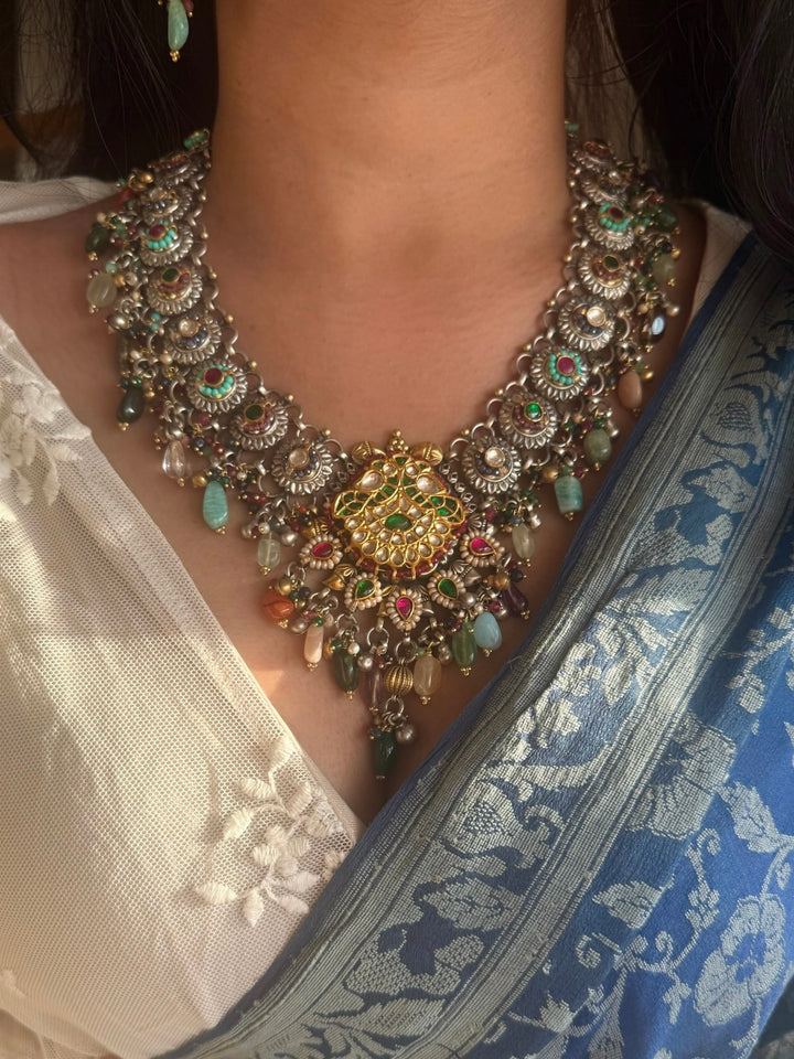 Handmade 925 Silver Fusion Gemstone Kundan Necklace Set | SHIVKA