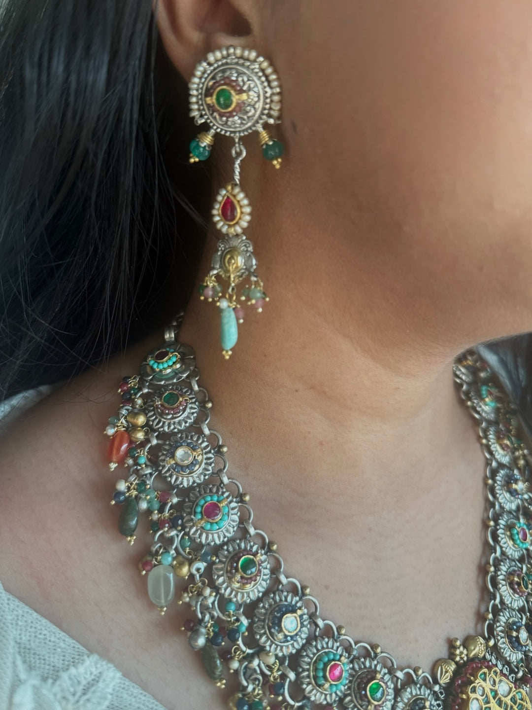 Handmade 925 Silver Fusion Gemstone Kundan Necklace Set | SHIVKA