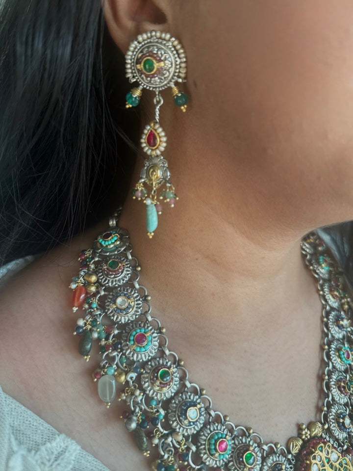 Handmade 925 Silver Fusion Gemstone Kundan Necklace Set | SHIVKA