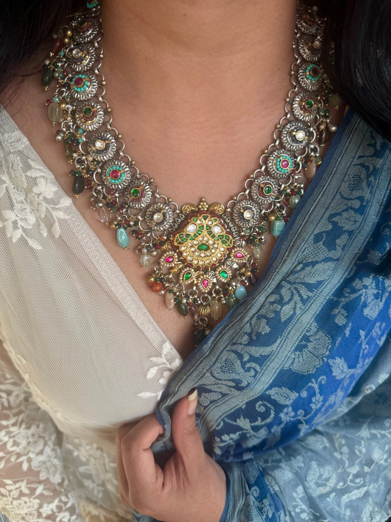 Handmade 925 Silver Fusion Gemstone Kundan Necklace Set | SHIVKA