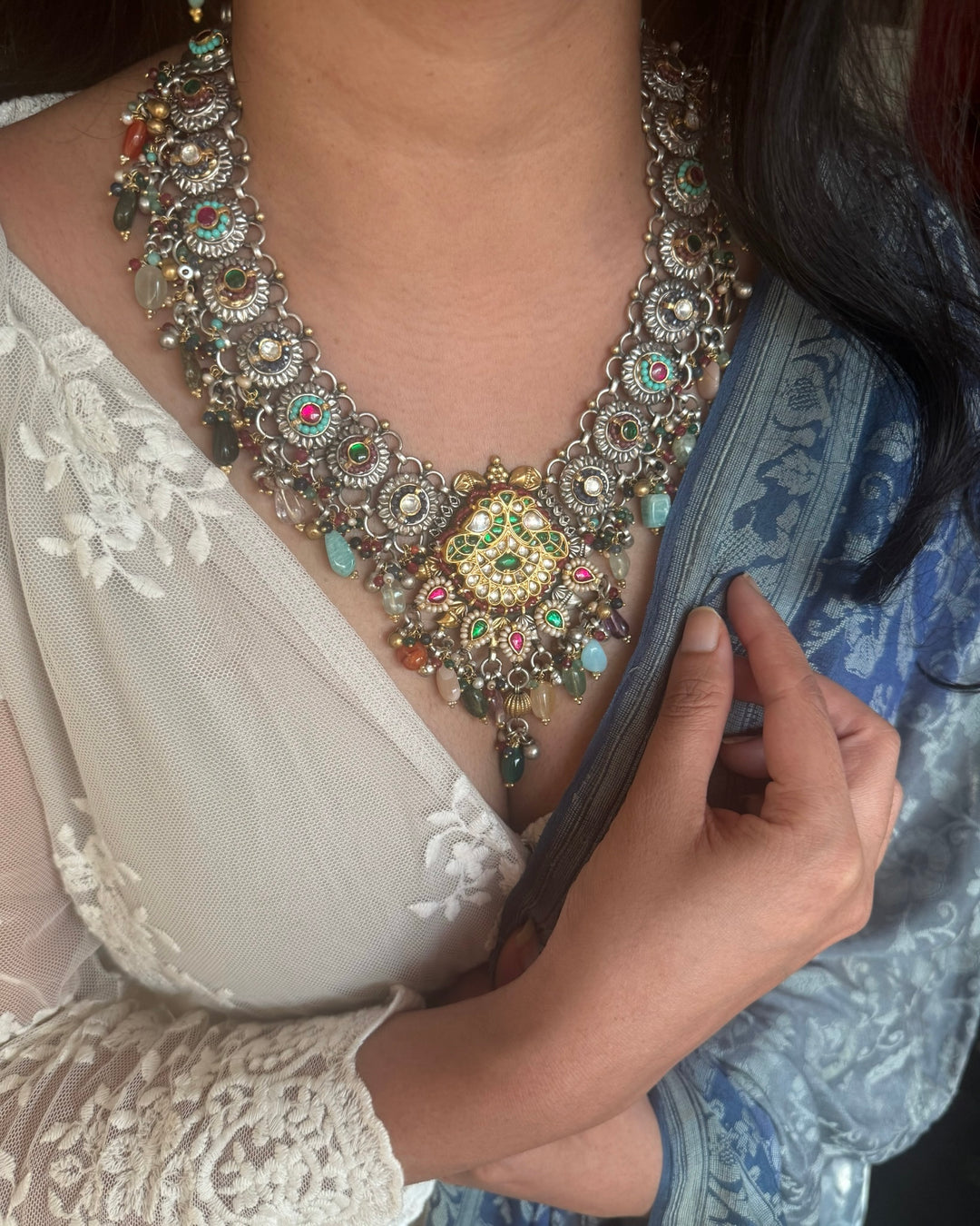 Handmade 925 Silver Fusion Gemstone Kundan Necklace Set | SHIVKA