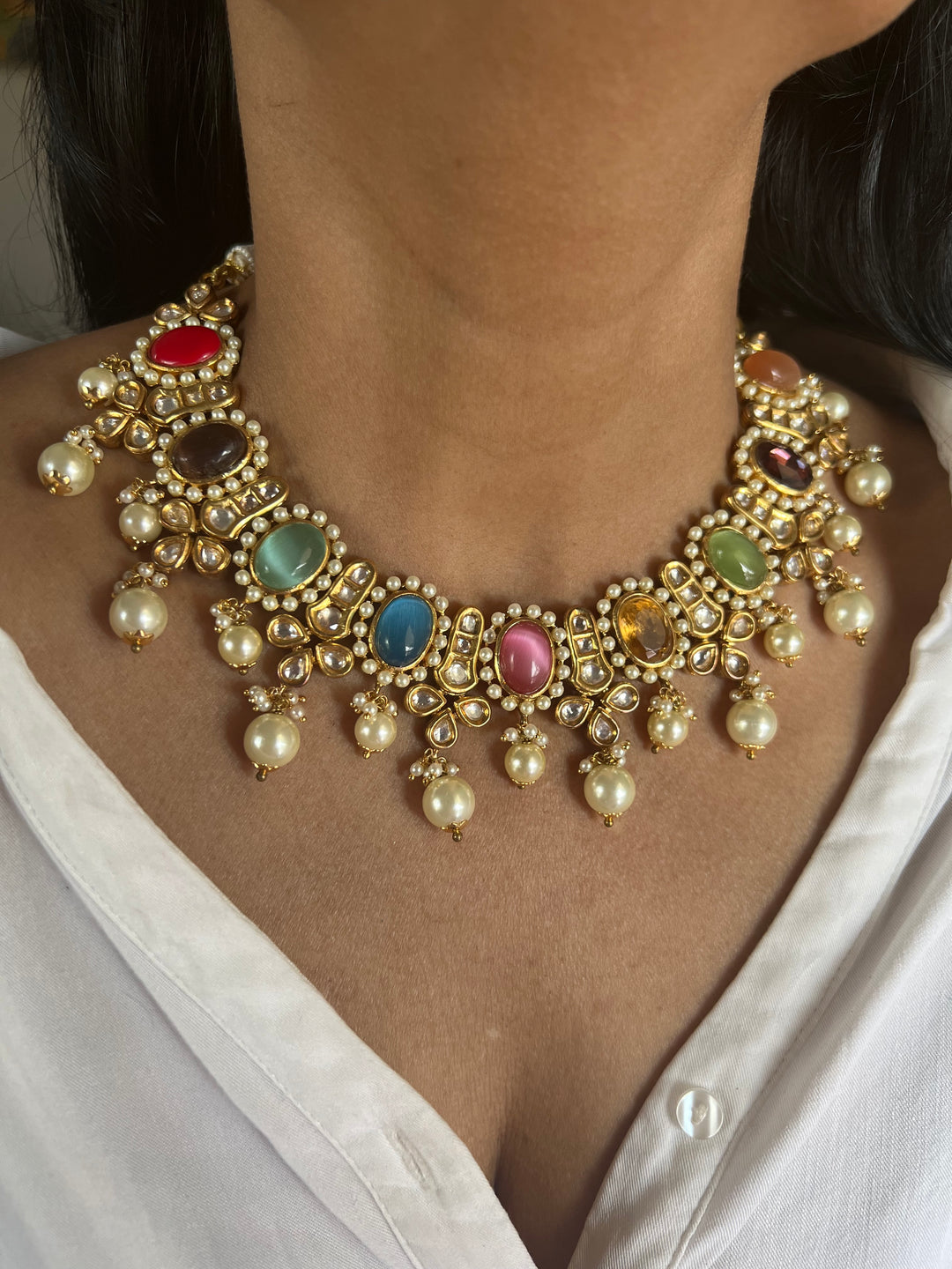 Royal Multicoloured Pearls and Kundan Necklace with Earrings