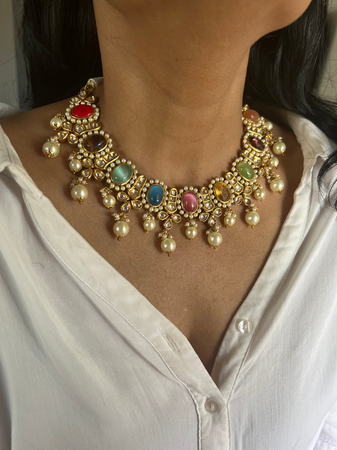 Royal Multicoloured Pearls and Kundan Necklace with Earrings