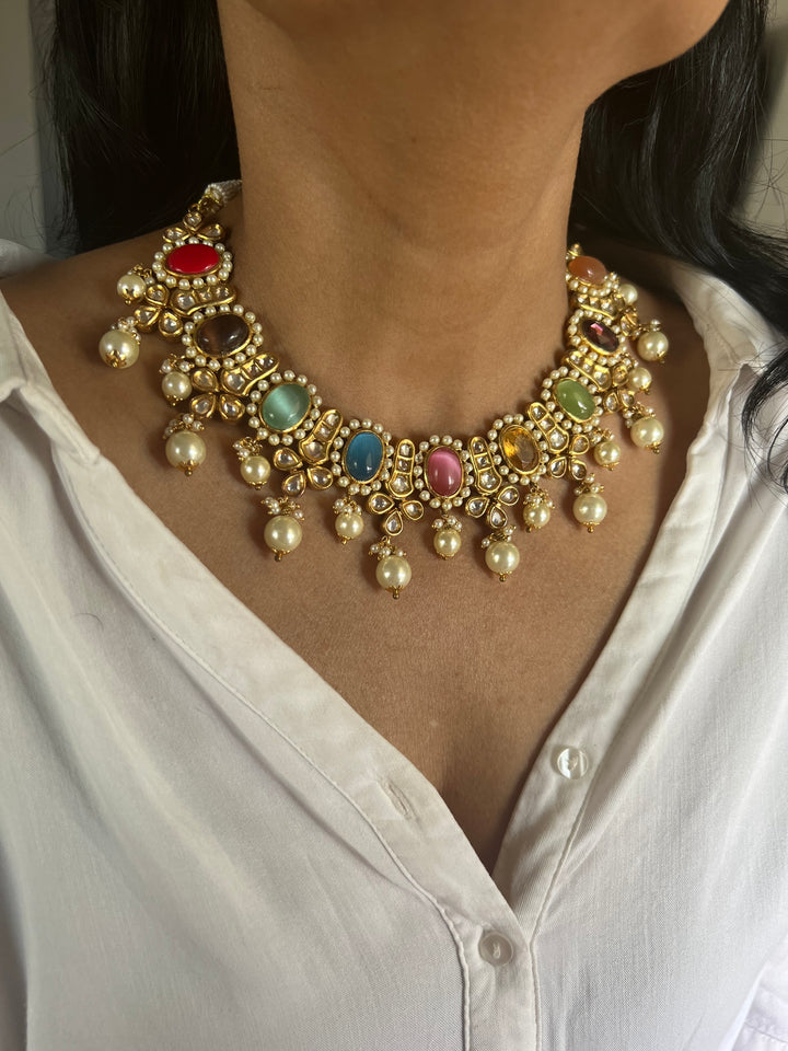 Royal Multicoloured Pearls and Kundan Necklace with Earrings