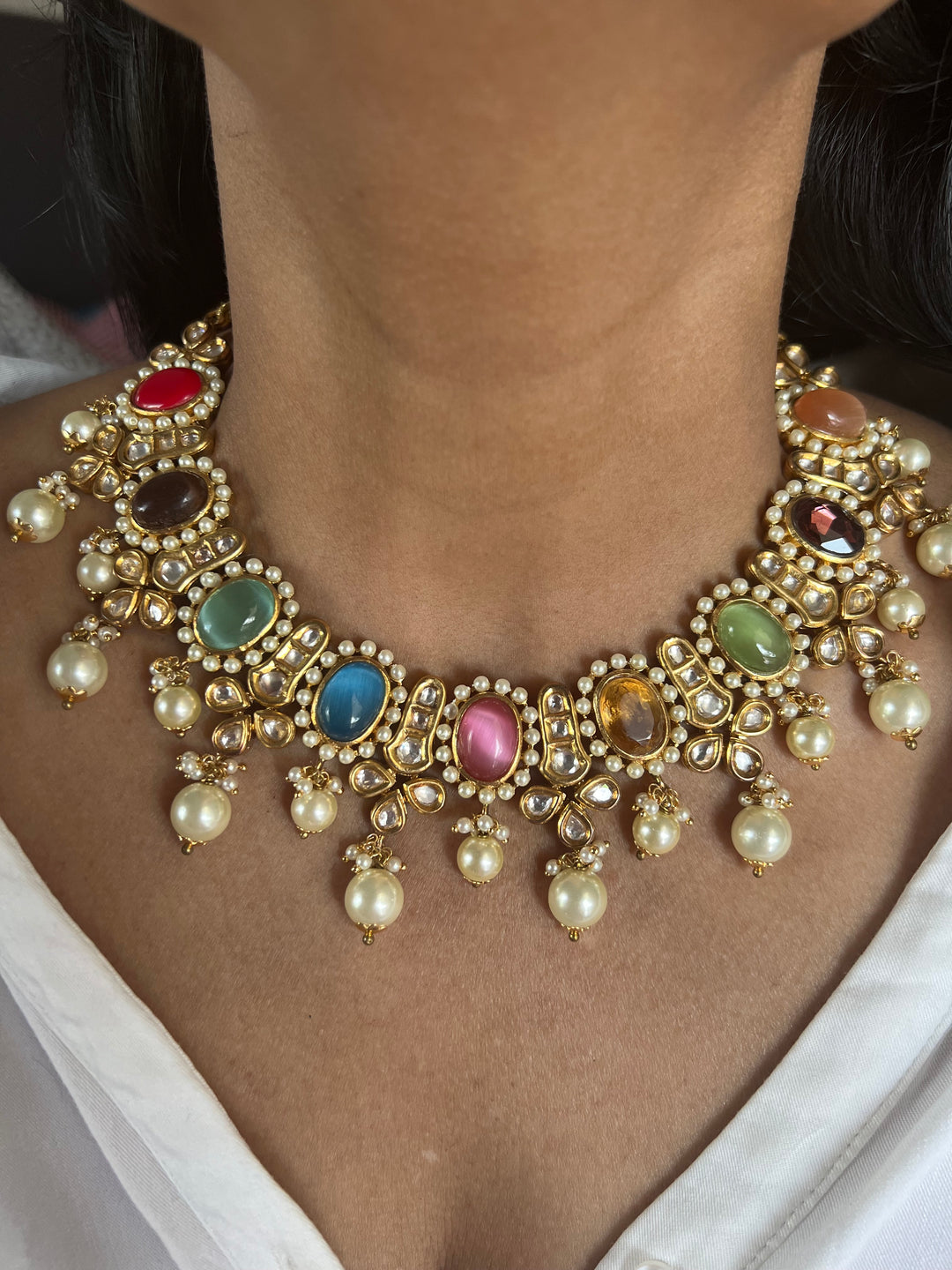 Royal Multicoloured Pearls and Kundan Necklace with Earrings