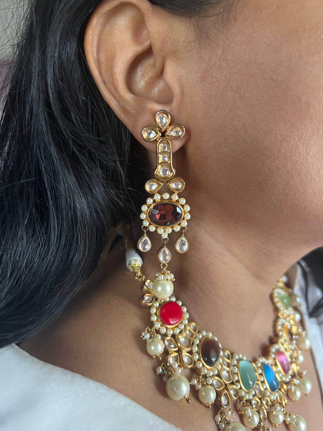 Royal Multicoloured Pearls and Kundan Necklace with Earrings