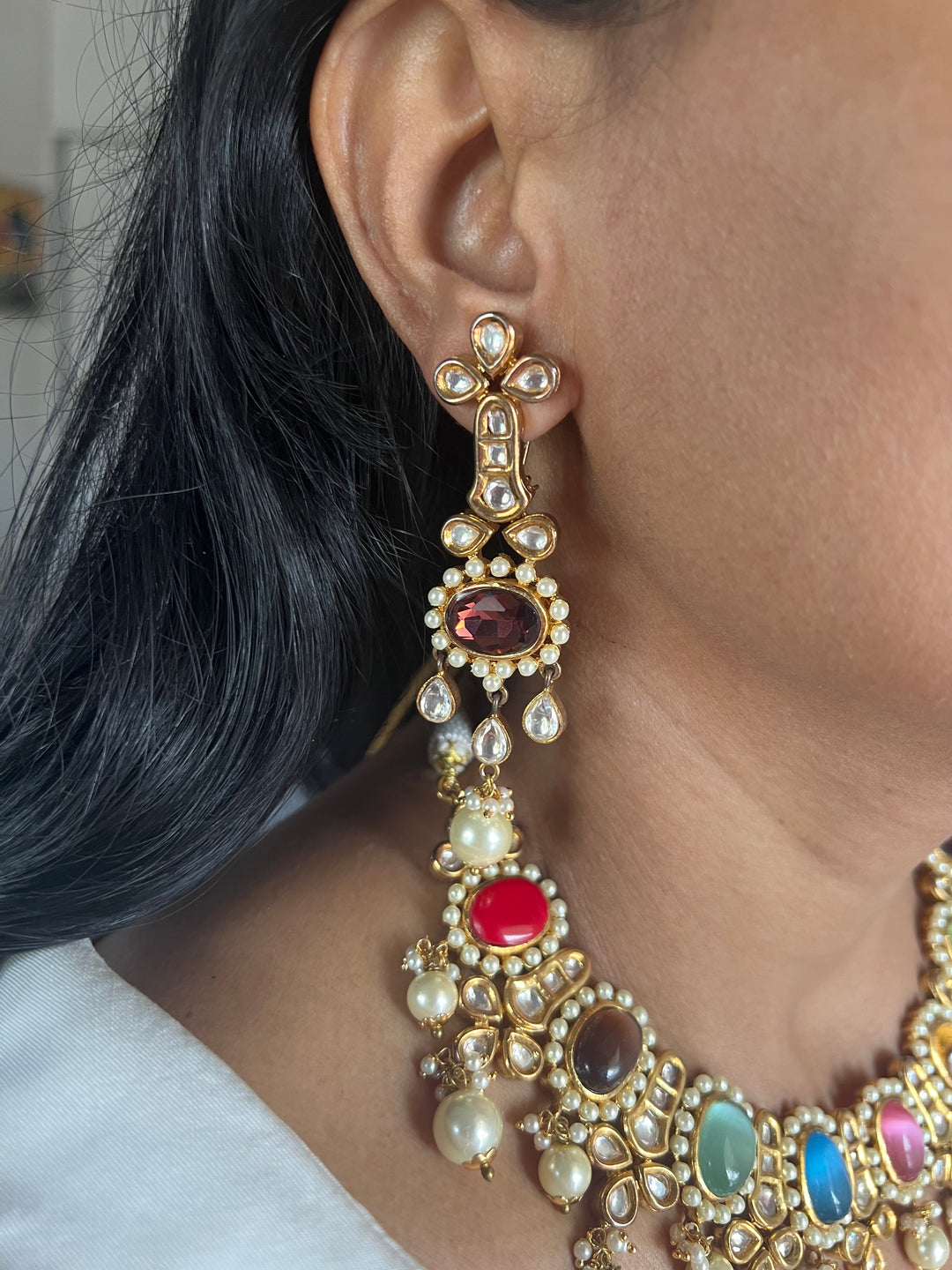 Royal Multicoloured Pearls and Kundan Necklace with Earrings