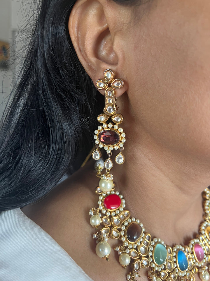 Royal Multicoloured Pearls and Kundan Necklace with Earrings