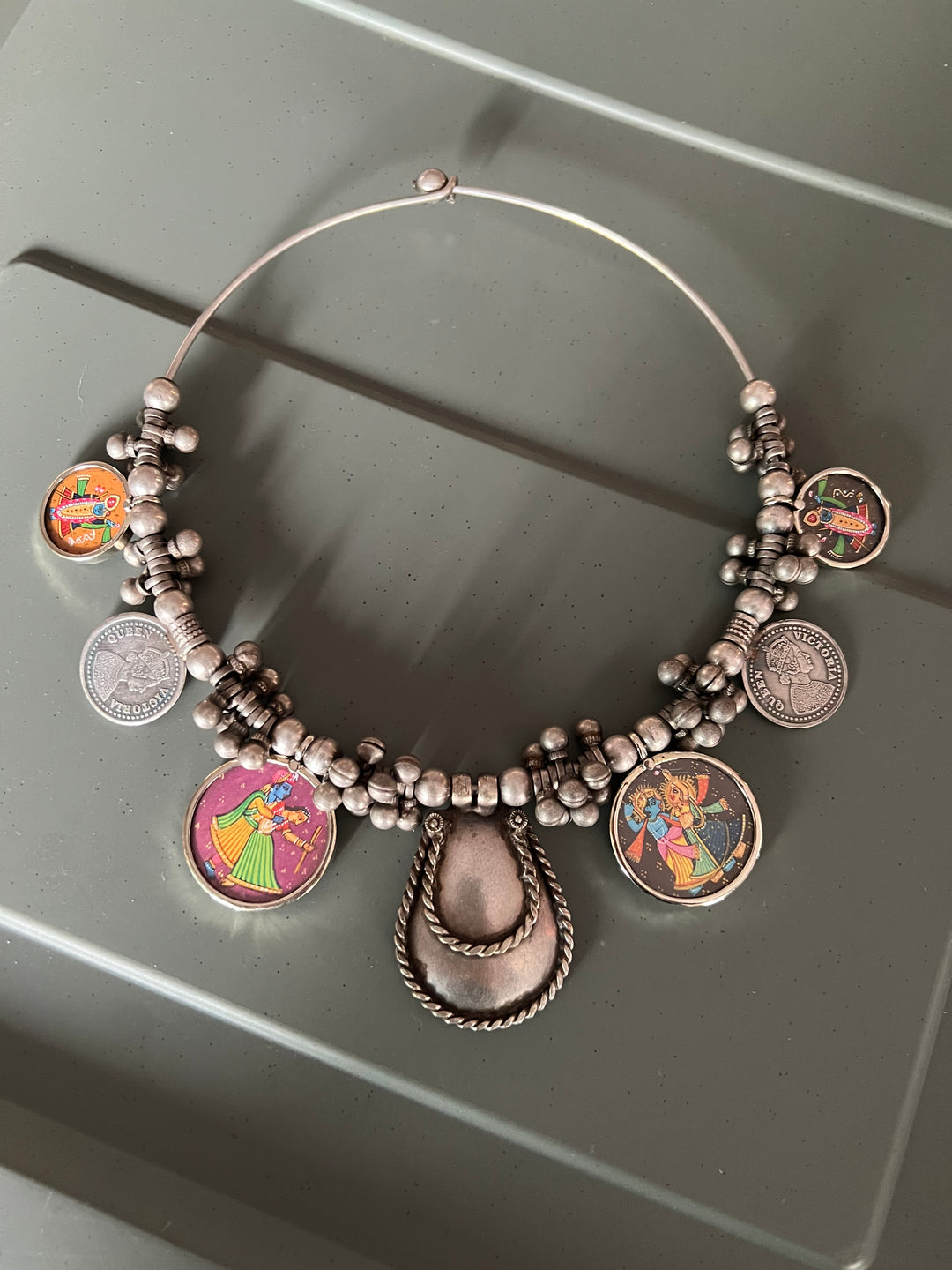 Antique Hand painted Brass Hasli Necklace - A Timeless Masterpiece