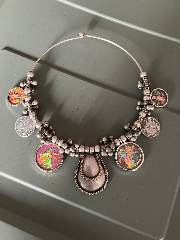 Antique Hand painted Brass Hasli Necklace - A Timeless Masterpiece