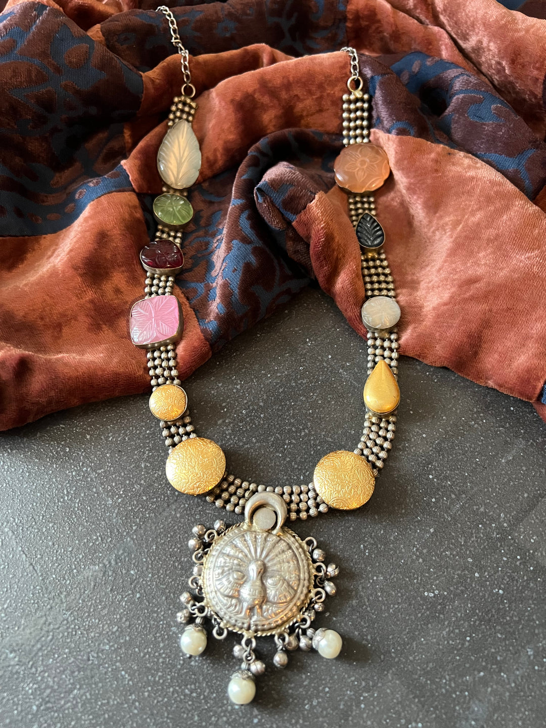 Vintage Artistic Long Necklace with Carved Stones