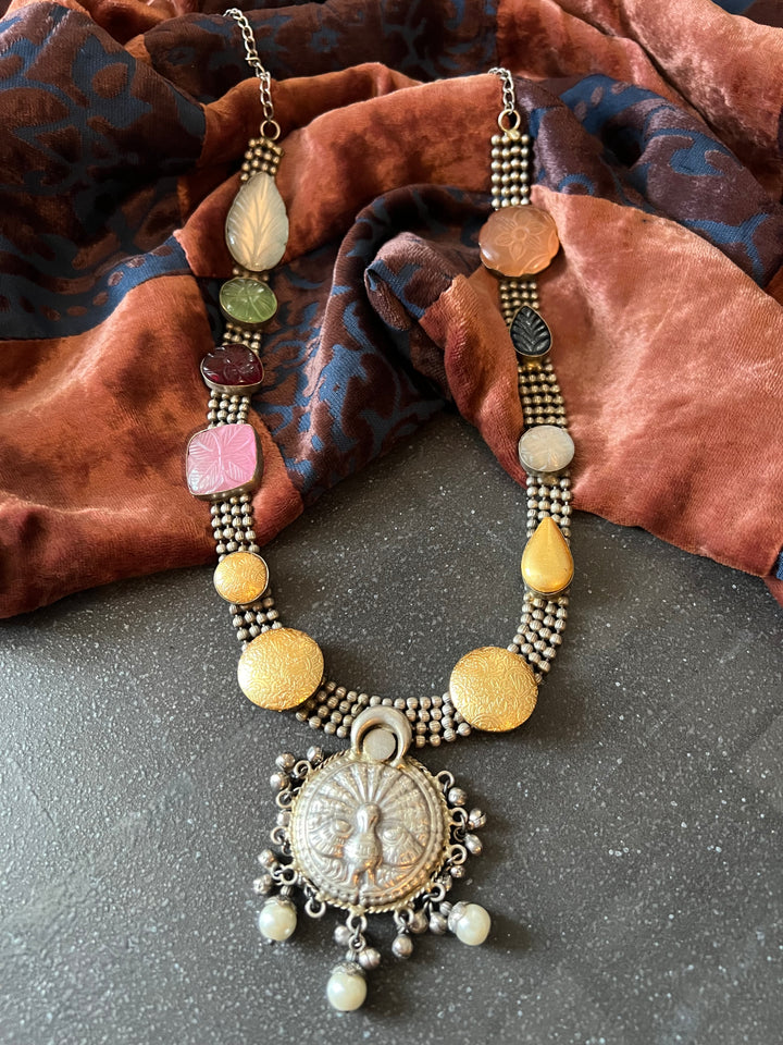 Vintage Artistic Long Necklace with Carved Stones